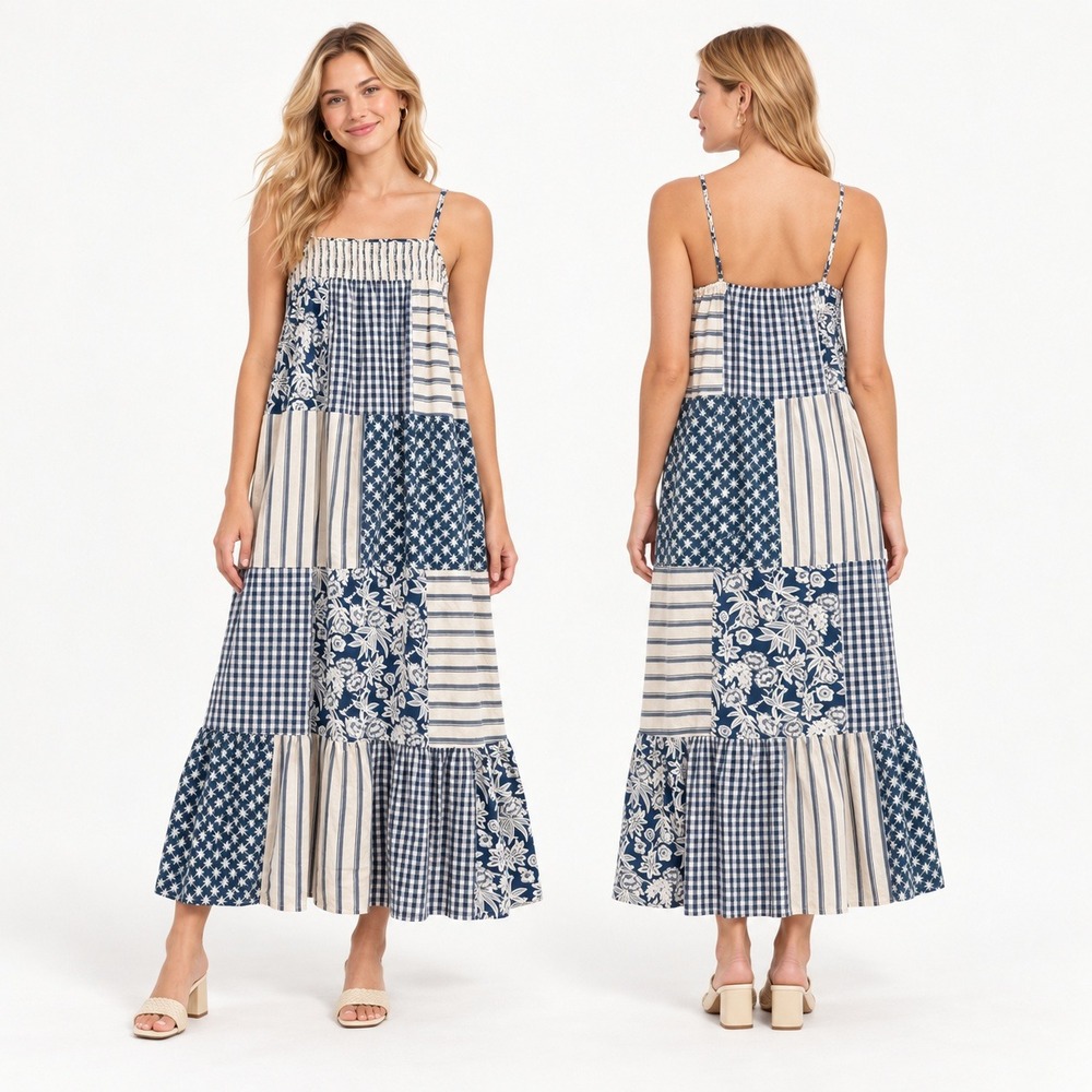 Universal Thread Womens 1X Blue White Patchwork Gingham Smocked Maxi Midi Dress